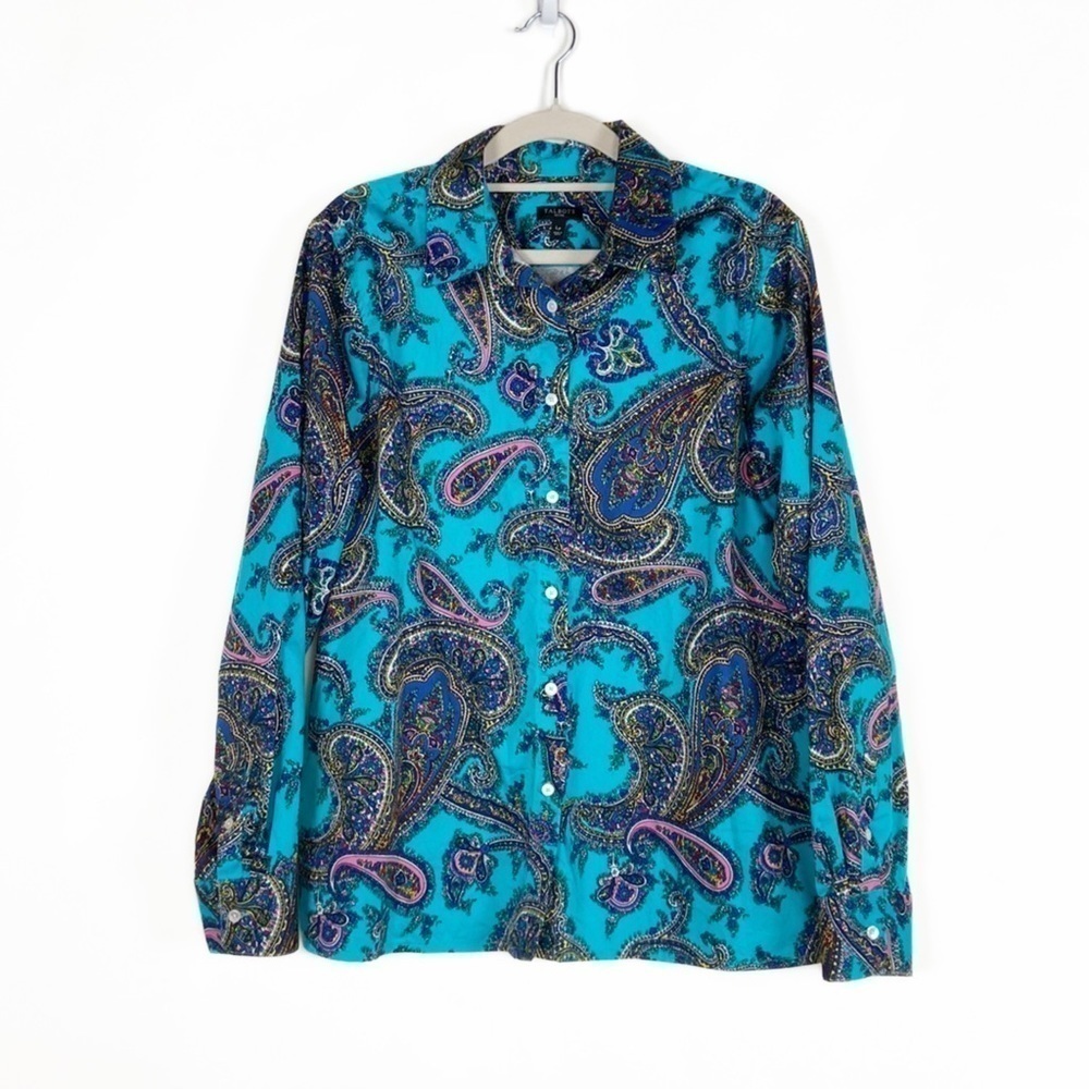 Talbots Petite Teal Multicolor Paisley Print Long Sleeve Button Down Shirt